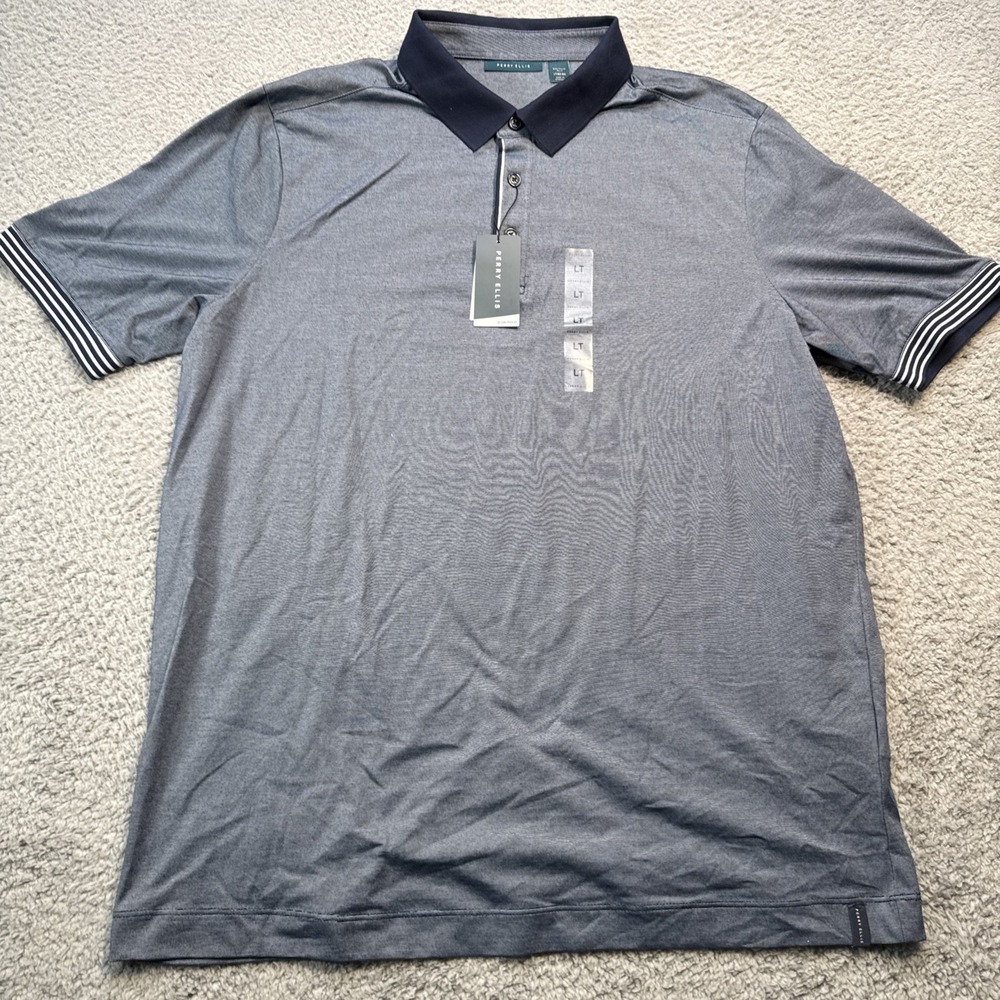 Perry Ellis Icon Polo Shirt Mens LT Blue Micro Stripe Golf Slimming 4DSK7607RT